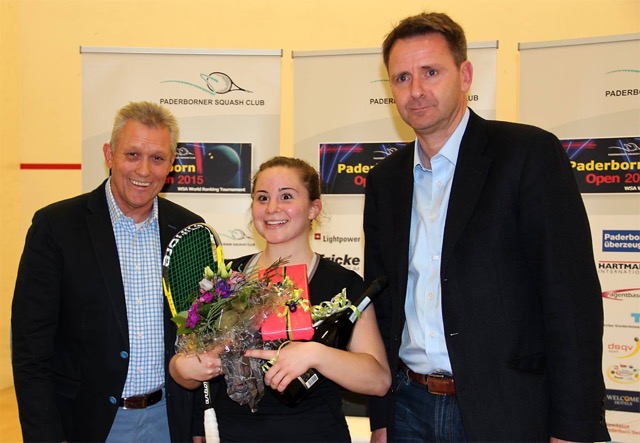 L-R: Tournament director Norman Farthing,  Olivia Blatchford,  Sponsor Bernd Schaefers-Mailwald (image: Paderborn Open)