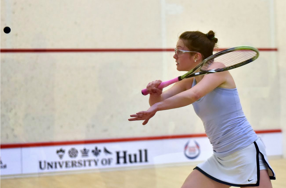Sobhy in her first qualifying match against England's Jessica Davis. (image: Steve Cubbins/squashsite.co.uk)