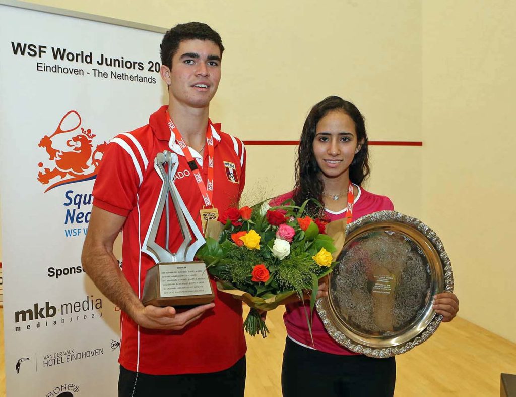 2015 World Junior Champions Diego Elias (L) and Nouran Gohar. (image: Steve Line/squashpics.com)