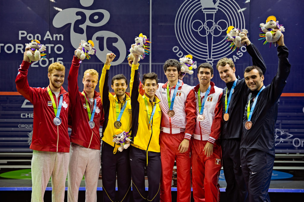 L-R: silver medalists Graeme and Andrew Schnell (Canada),  gold medalists Juan Vargas & Andres Herrera (Colombia),  bronze medalists Andres Duany & Diego Elias (Peru),  and bronze medalists Chris Gordon & Chris Hanson (USA). (image: Paige Stewart)