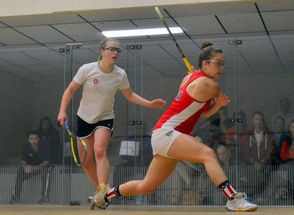 Sabrina Sobhy (R) heads into  quarterfinals after win 3-1 over Amelia Henley (L)