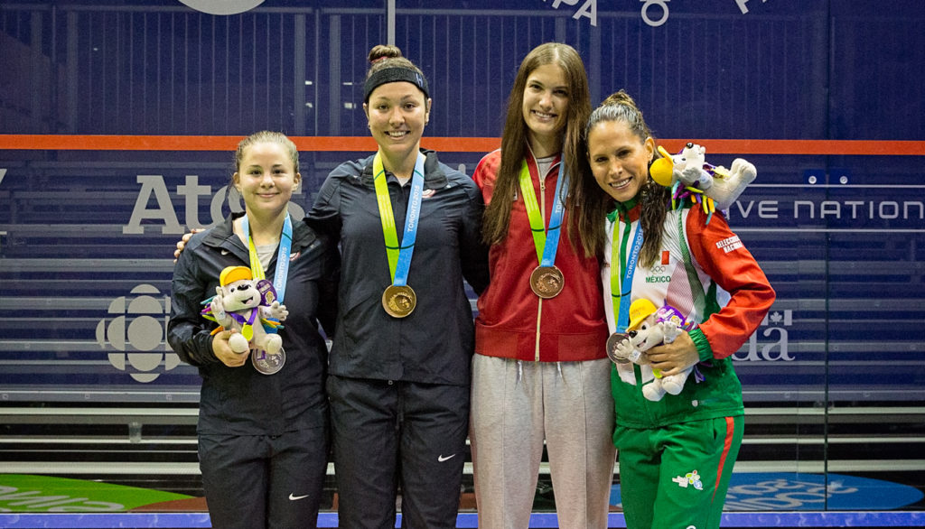 L-R: silver medalist Olivia Blatchford (USA),  gold medalist Amanda Sobhy (USA),  bronze medalist Samantha Cornett (CAN),  bronze medalist Samantha Teran (MEX). (image: Paige Stewart)