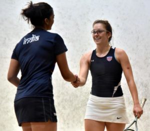 Sabrina Sobhy (R) shakes hands with her opponent post-win (Image: WSF World Juniors) 