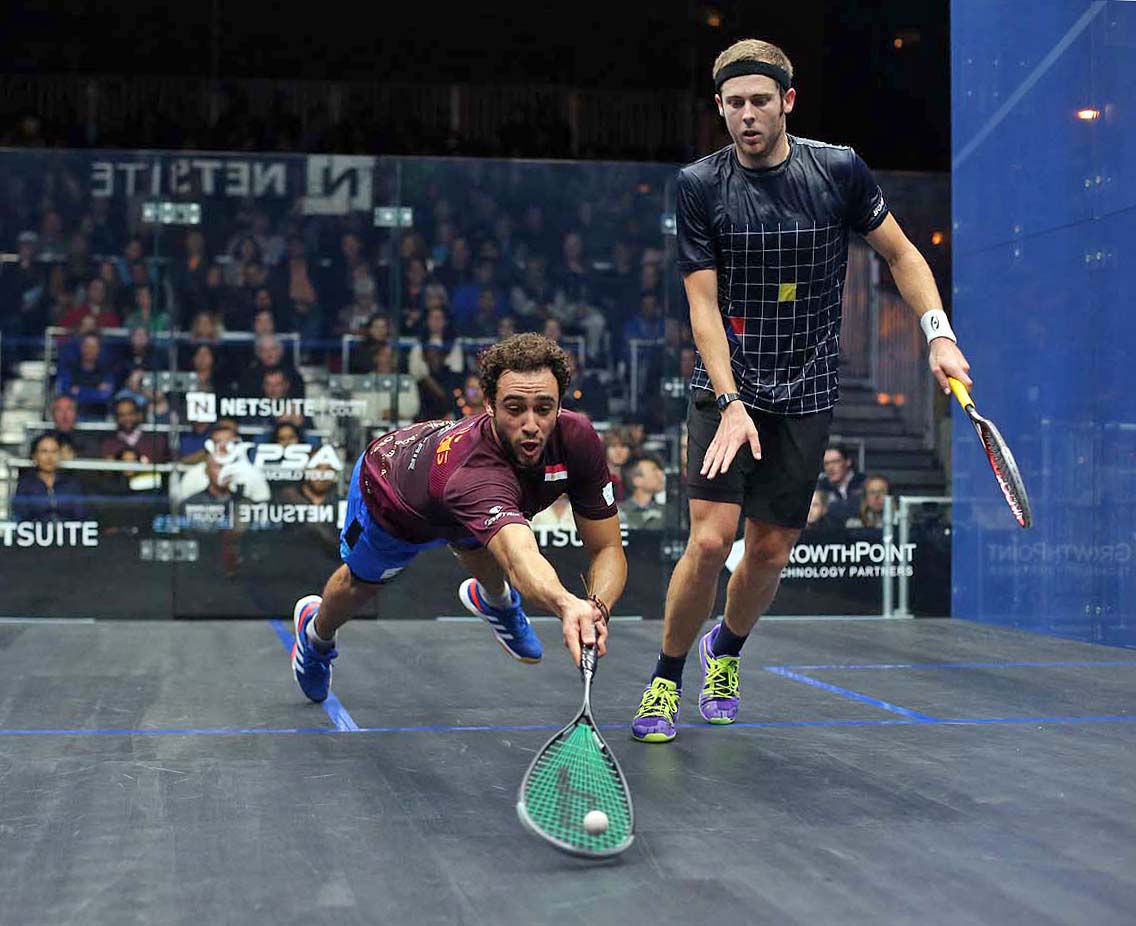 Ramy Ashour (L) showed no signs of his recent injury problems against in-form Ryan Cuskelly. (image: Steve Line/squashpics.com)