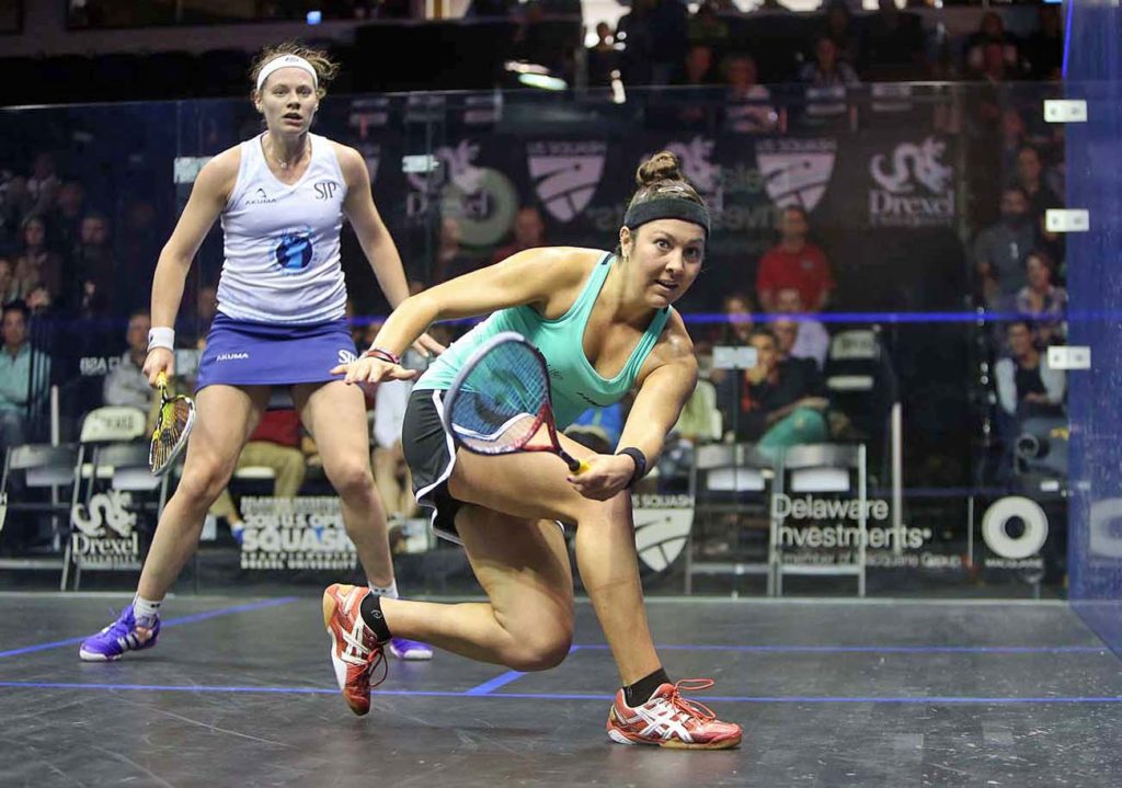 Sobhy (R) in the first round of the Delaware Investments U.S. Open. (image: Steve Line/squashpics.com)