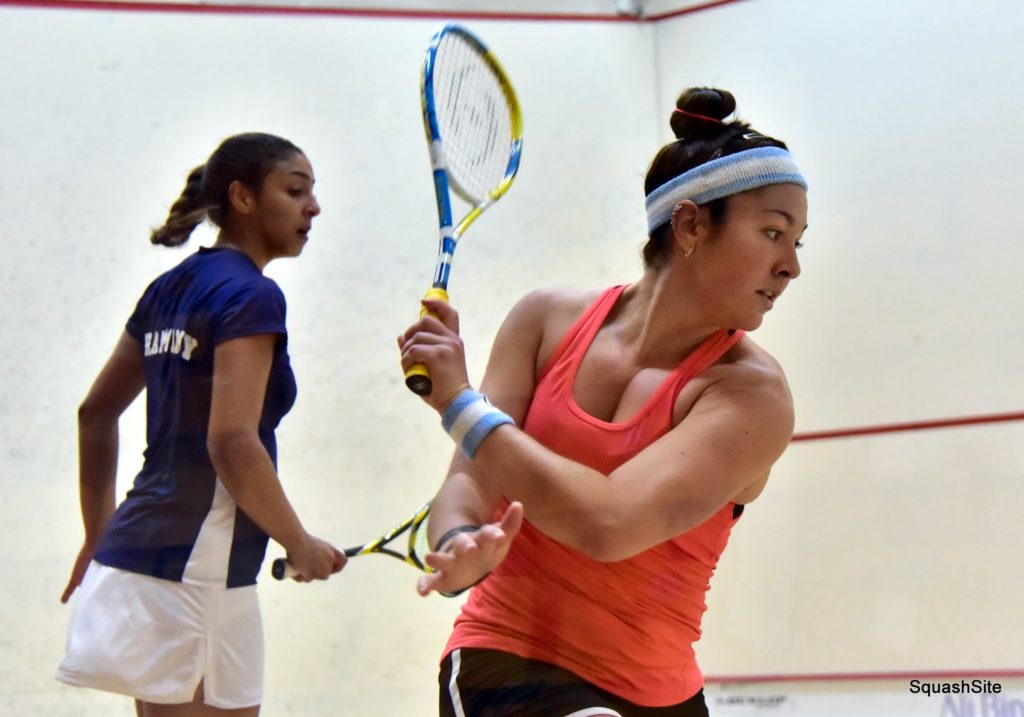 Sobhy (R) against her first-round opponent Hanie El Hammamy. (image: Steve Cubbins/squashsite.co.uk)