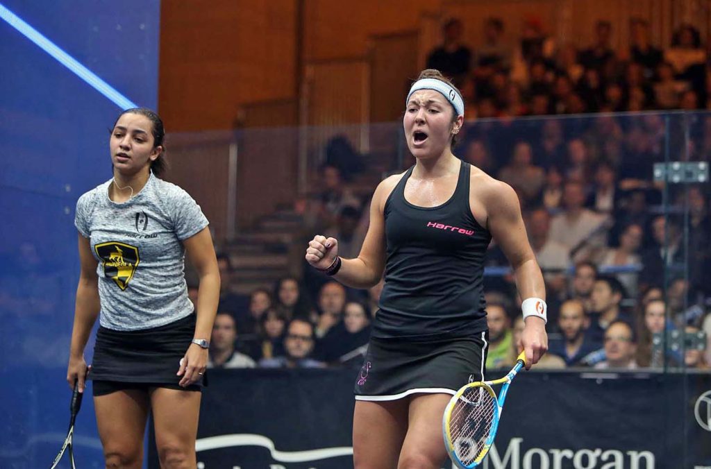 Sobhy (R) celebrates her victory over El Welily. (image: squashpics.com)