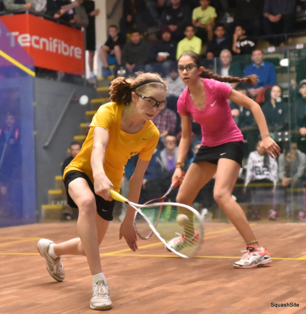 Marina Stefanoni (L) on her way to upsetting the GU15 top seed. (image: Steve Cubbins)