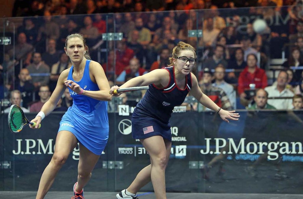 Olivia Blatchford's last appearance on a glass court came in the Tournament of Champions where she pushed world No. 1 Laura Massaro to four games. (image: squashpics.com)