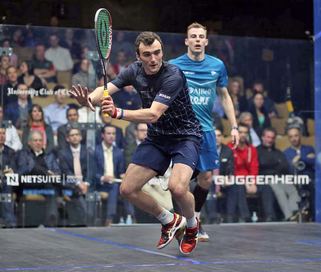 Hanson (l) against world No. 3 Nick Matthew in the Windy City Open. (image: squashpics.com)