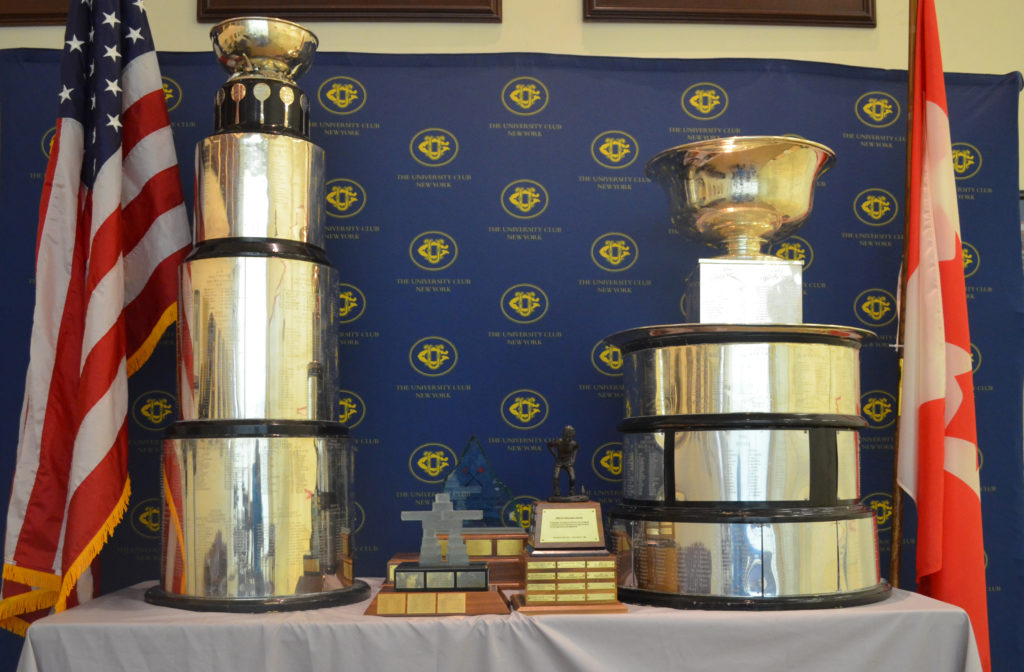 l-r: The Grant Trophy,  Crawford Cup,  Lawrence-Wilkins Trophy,  Eric R. Finkelman Award for questionable behavior and Lapham Cup. 