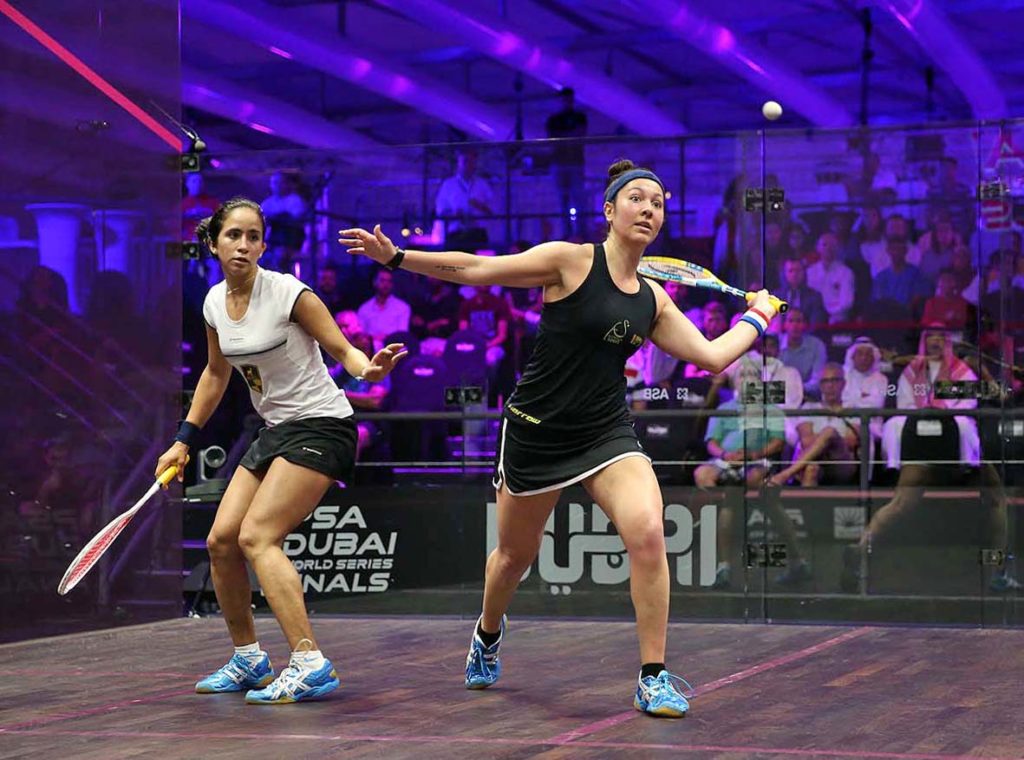 Amanda Sobhy (r) against Nouran Gohar in May's Dubai World Series Finals. (image: squashpics.com)