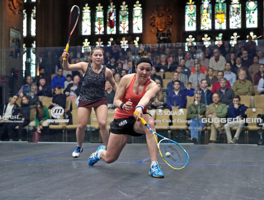Team USA's Amanda Sobhy (r) and Olivia Blatchford in the Windy City Open second round. (image: squashpics.com)